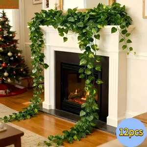 12Pcs Artificial Ivy Garland, Fake Vines Green Leaves, Hanging Faux Ivy Plants for Wedding Arch Wall Home Garden Party Staircase Fireplace Ceiling Decor, Indoor Outdoor Artificial Hanging Plants