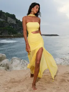 Women's Yellow Summer Casual Beach Holiday Vacation Elegant Wedding Guest Cutout Fitted Slit Maxi Dress,Knitted Mermaid Tube Party Club Outfits