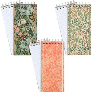 Stationary Skinny Notebook Set - 3-Pack Spiral Top Notepads, Hard Cover (8.4 x 3.75 in, 100 Sheets/200 Pages) - William Morris Inspired - Portable Long Thin Notebook for Lists & Notes