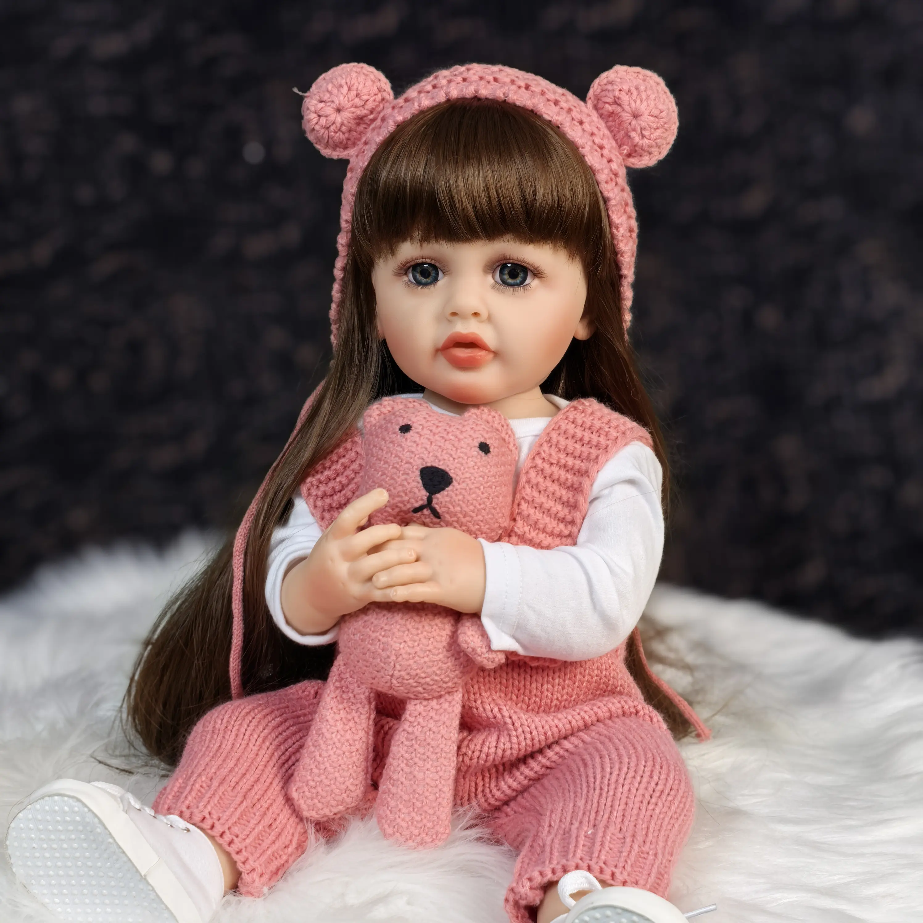 22-Inch Full Body Silicone Realistic Reborn Baby Girl Doll, Life-Sized Doll with Long Brown Hair & Princess Style, Birthday/Christmas Gift for Girls 3+, Reborn Baby Doll