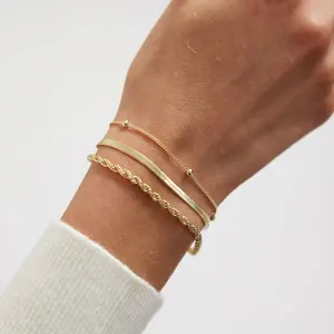 Three layered Dainty Bracelets for Women, 14k Gold Plated Layered Charms Bracelet Herringbone Satellite Beads Box Rope Serpentine grain /The shape of a dart / Little balls  CZ Bracelet Adjustable Cuba Link Chain Bracelet Set Jewelry Gifts