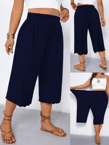 Women's Plus Size Wide Leg Seven-Quarter Pants Bottom, High Elasticity, Ruffled Hem, Gathered Elastic High Waist, Casual Summer Home Fashion Shorts