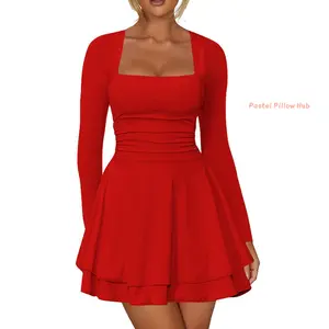 Women Square Neck Ruffled Hem Mini Dress Ruched Waist Long Sleeve Party Dress