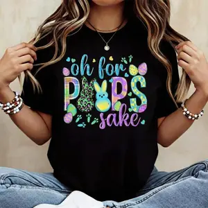 Oh For Peeps Sake Easter Bunny Rabbit Cotton T Shirt Women's Casual Round Neck Short Sleeve Regular Fit Summer Top Machine Washable USA Made Fashion Graphic Tee for Easter Party Fun Holiday Wear Durable Print Long Lasting Washable Tee
