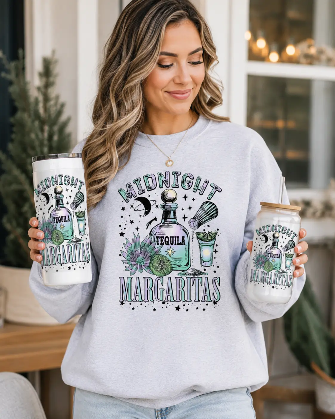 Midnight Margaritas Sweatshirt & Frosted Glass Cup Bundle Tequila Lovers Gift Set Cozy Unisex Sweatshirt Stylish Drinkware Perfect for Cocktail Enthusiasts Bottle Water Bottles Womenswear Hoodie