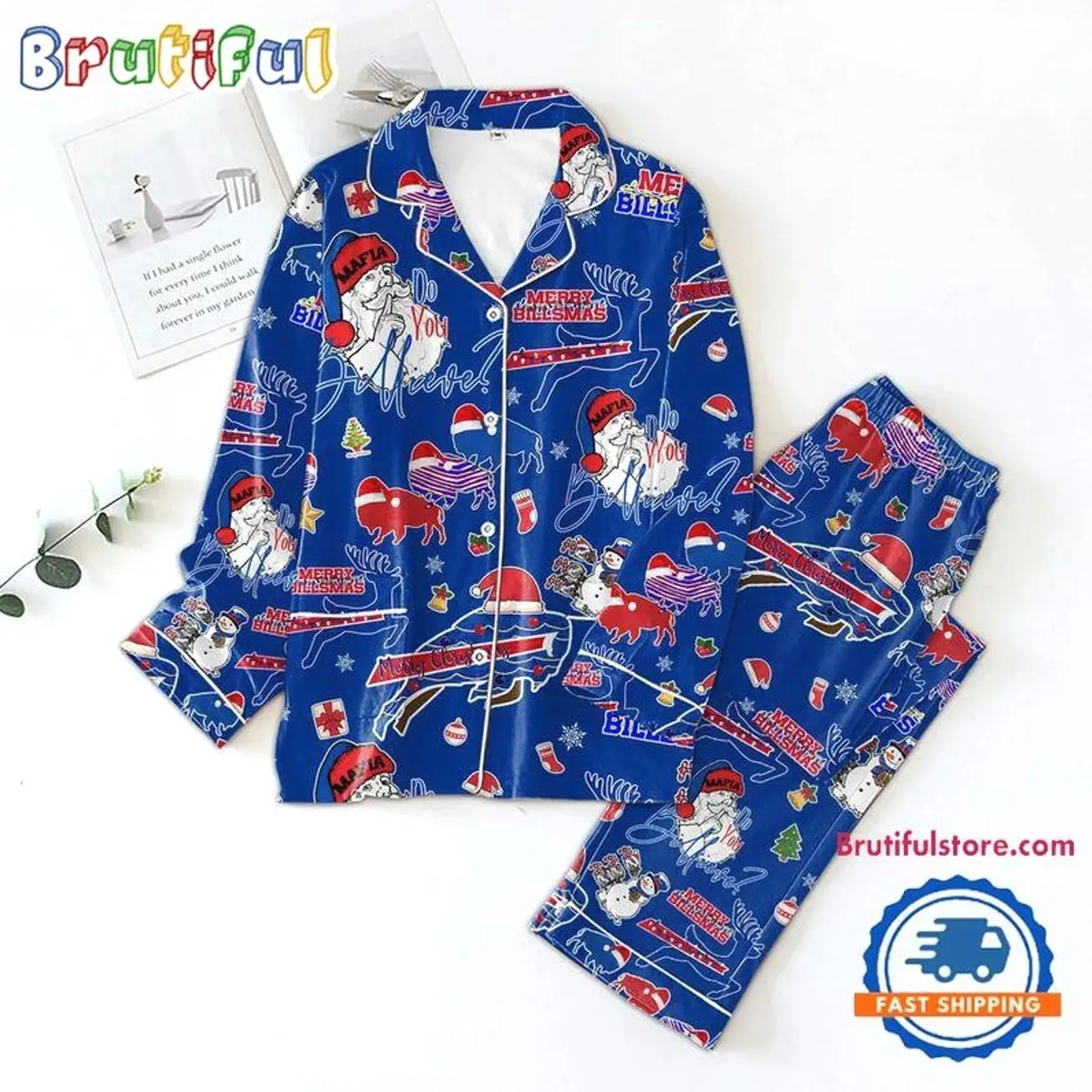Blue Red Football Satin Pajama Set, Winter Sports Inspired Graphic Long Sleeve Sleepwear, Button Down Lounge Set for Adults