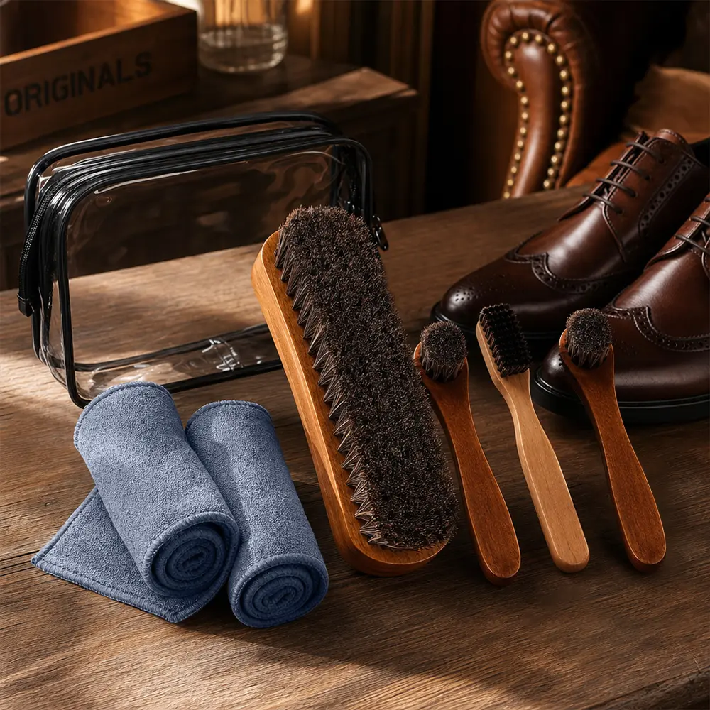 7pcs Wood Horsehair Footwear Care Brush Kit - Long Handle, Comfortable Grip, Concave Design, Crevice-Cleaning, Full Polish Coverage, Polish Dauber, Suede Cleaner, Leather Boot Brushes, Microfiber Towel - Home, Party Gift Use