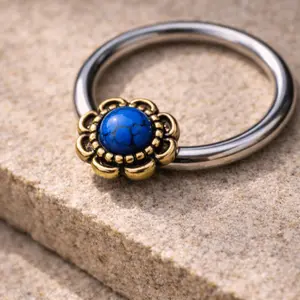 Stainless Steel Turquoise Flower Snap-in Captive Bead Ring / Septum Ring
