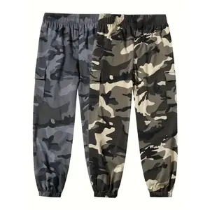 Camo Cargo Pants, Casual Polyester Joggers with Drawstring Waist, Multiple Pockets, and Cuffed Ankle, Non-Stretch Woven Fabric, Regular Fit