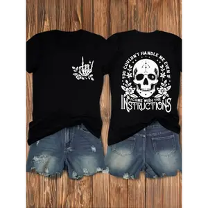 Women's Skull Letter Print Round Neck Tee Casual Drop Shoulder Short Sleeve T-shirt Ladies Daily Wear Top