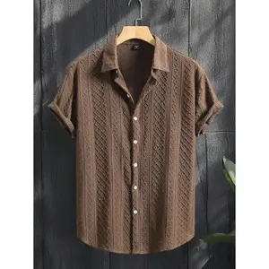 Manfinity Homme Men's Solid Color Single-Breasted Knitted Argyle Casual Short Sleeve Shirt Brown Shirt Men