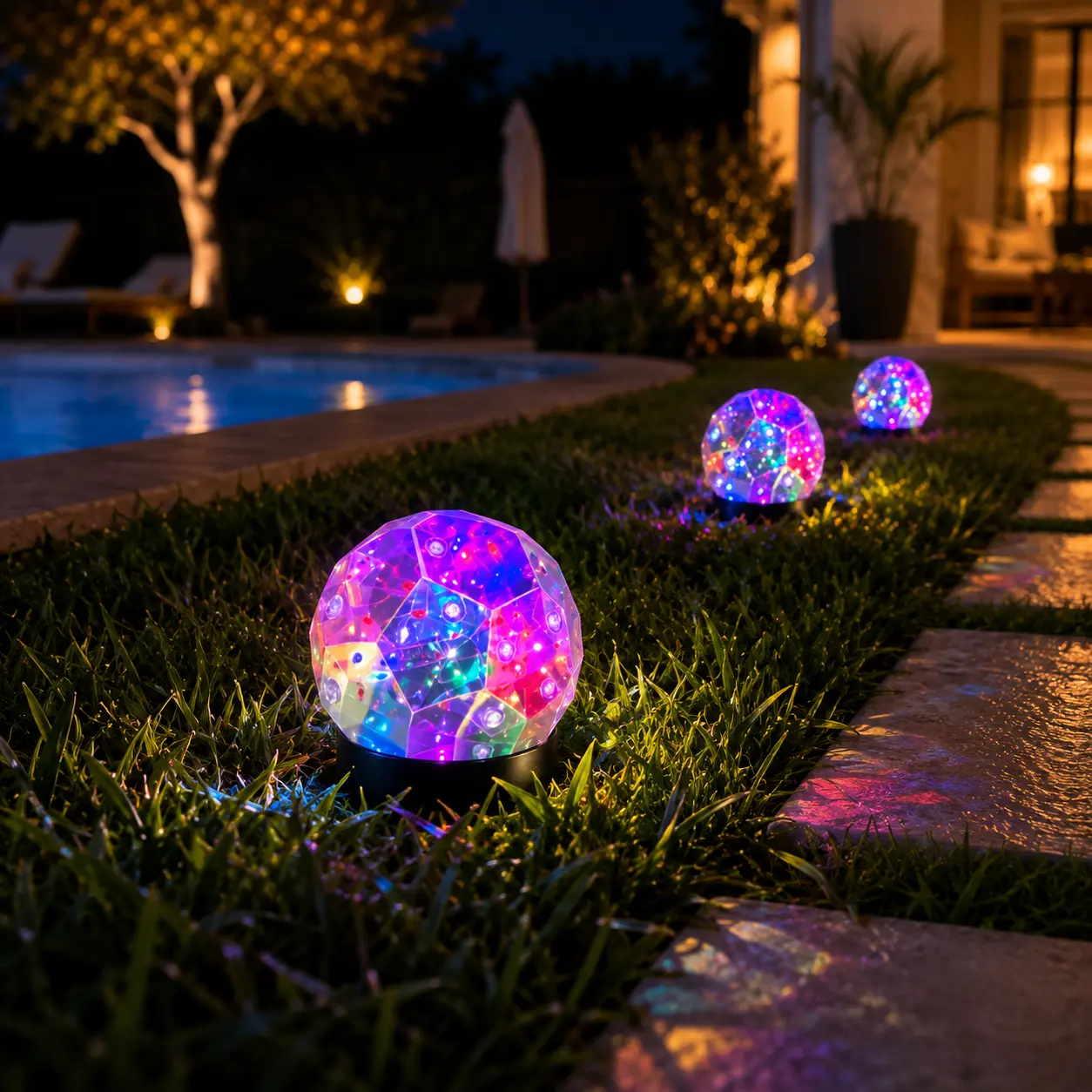 Solar Iridescent Globe Stake Light (Single/Twin Pack) — RGB color-changing LED outdoor decorative light; waterproof landscape lighting suitable for gardens, patios, lawns, walkways, decks, poolside areas, flowerbeds, and courtyards.