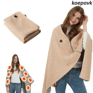 Koepovk Beige Waffle 2-in-1 Heated Shawl Blanket Wearable Electric Throw with Zipper 3 Heat Settings USB Powered Washable Soft Fabric Overheat Protection 58.5"x31.2" for Home Office Travel