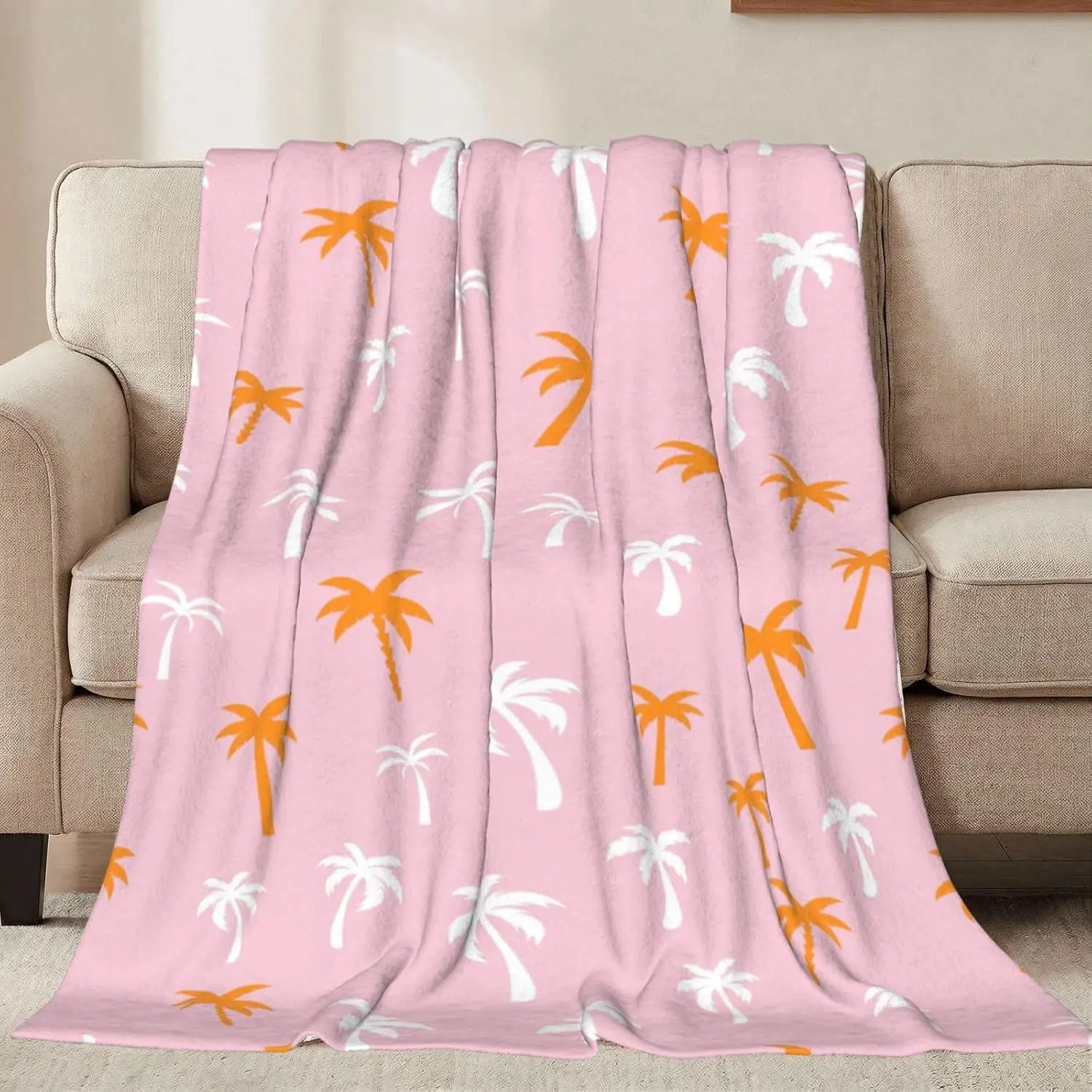 Coconut Palm Tree Tropical Theme Blush Pink Throw Blanket - 30x40 in, 50x60 in Multi-Size, Wrinkle-Resistant Ultra-Soft Flannel, All-Season Baby Blanket for Home Use, Valentine Birthday Gift