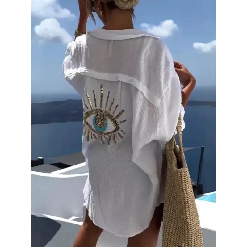Casual Bright Sequin Evil Eye Shirt Women Summer Fashion Long Sleeve Loose Long Blouse Streetwear Turn-down Collar Cotton Tops