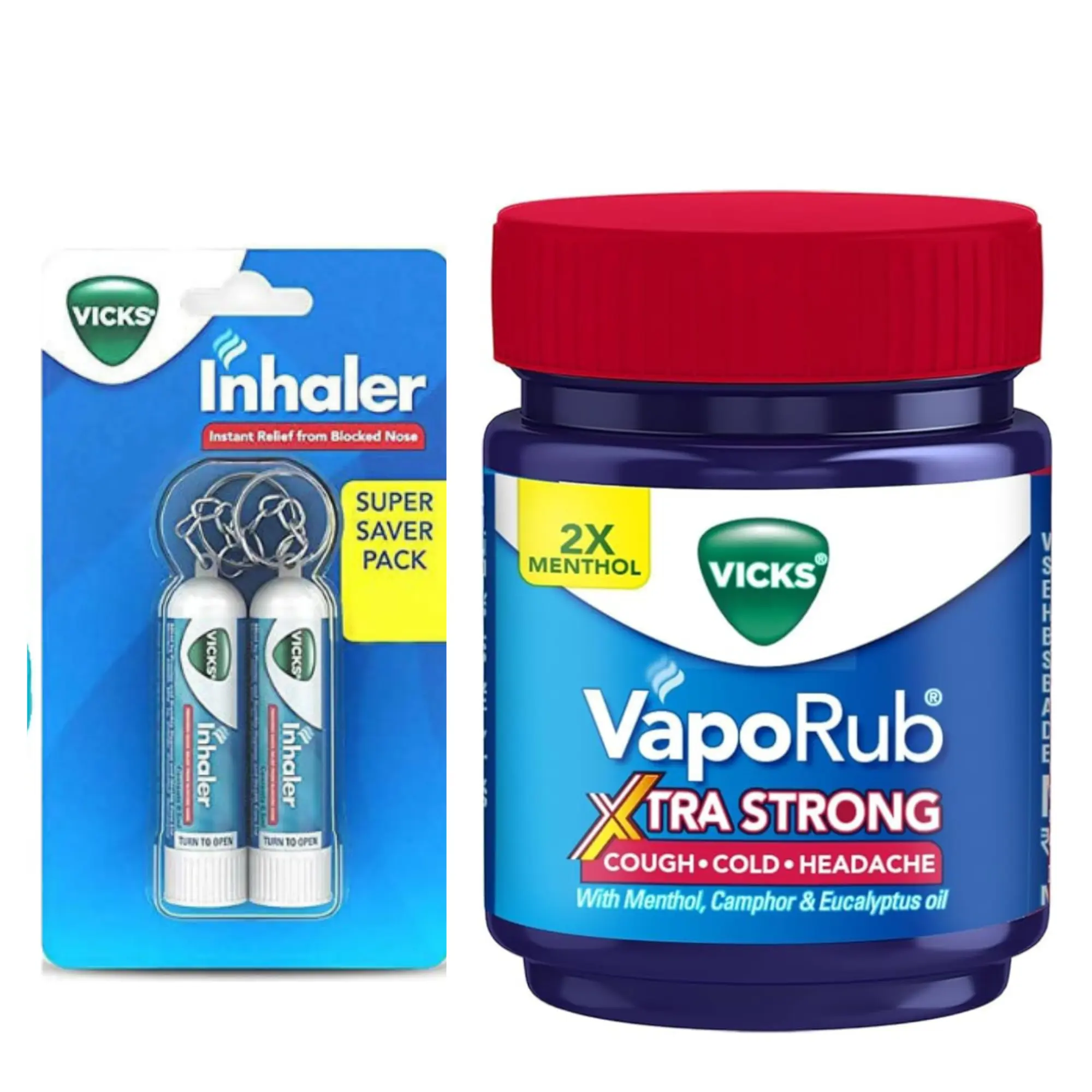 Vicks VapoRub Xtra Strong 1.76oz/50ml – Cough, Cold & Headache Relief 1-pack & Vicks Travel Size Inhaler 0.02oz/0.5ml– Instant Relief for Blocked Nose 2 Value pack Cooling Aromatherapy Nasal Stick life carrier