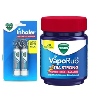 Vicks VapoRub Xtra Strong 1.76oz/50ml – Cough, Cold & Headache Relief 1-pack & Vicks Travel Size Inhaler 0.02oz/0.5ml– Instant Relief for Blocked Nose 2 Value pack Cooling Aromatherapy Nasal Stick life carrier