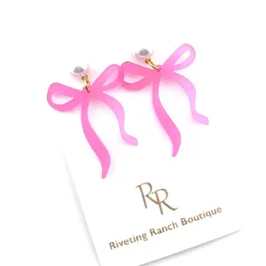 Riveting Ranch Boutique - Pink Bow Earrings  - Lightweight Acrylic Bow Design - Elegant and Stylish Accessory for Any Outfit