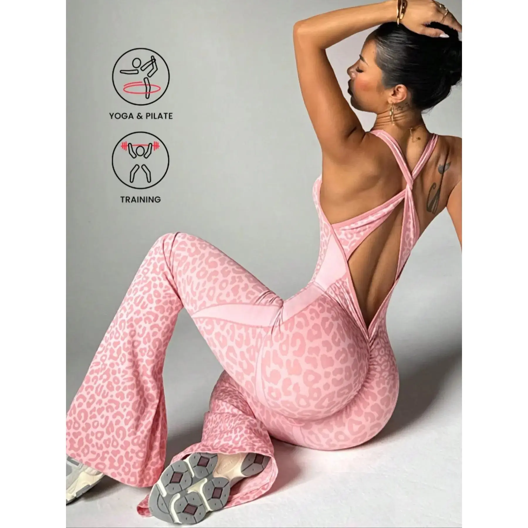 Women's Seamless Leopard Print Tank Jumpsuit, Back Cross Buckle High Waist Butt Lifting Jumpsuit, Ideal for Running Outdoor Yoga Workout, Yoga Jumpsuits, Sportswear, Sporty Comfy Jumpsuit