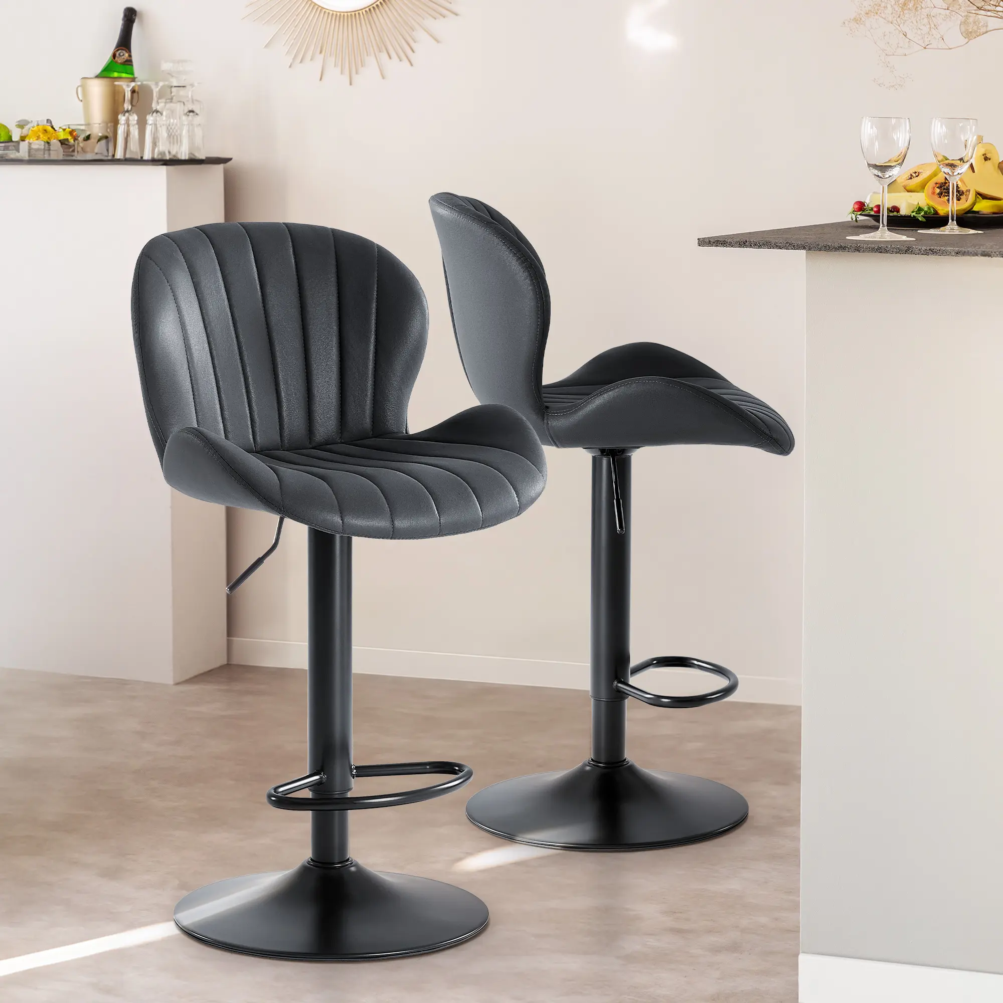 Modern Swivel Bar Stools Set of 2 - Armless PU Leather Swivel Chairs, Contemporary Compact 360 Adjustable Height Self-Leveling Home Bar Furniture, SGS Certified Gas Lift, 300 lbs Capacity, Ergonomic, Easy-Clean, Handicraft Techniques for Kitchen Island