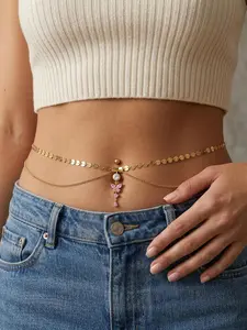Pink Butterfly Belly Button Ring with Disc Waist Chain for Women Gold Dangle Navel Piercing Sexy Stomach Belly Chains Body Chain Adjustable Waist Jewelry Summer Beach Bikini Accessories
