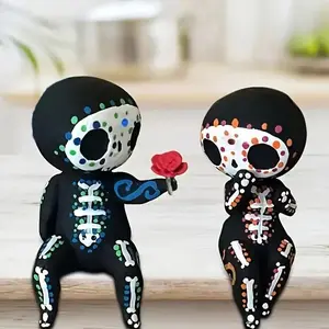 Sugar Skull Couple Cute Collectible Figurines, 1 Set Colorful Cute Romantic Resin Ornament, Adorable Love Figurines with Rose for Home School Dormitory Decor, Collectible Room Decor