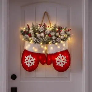 Flashing Christmas Glove Wreath With 20 LED, Christmas Wreath For Front Door With Artificial Pine Branches, Red Berries, And Frosted Pine Cones, Suitable For Indoor/Outdoor Decoration, Used For Christmas Tree, Wall Decoration