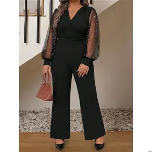 Jumpsuit Elegant Mesh Sequins Neck - V s ' Women Clasi tiktok Plus Size Lantern Sleeve Casual