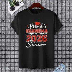 Senior 2026 Proud Grandma of a 2026 Senior Graduate T-Shirt, 100% Cotton, Single Side Printed, Black Short Sleeve T-shirt, Gift for Family Friends, S-XXXL, 1 pc, Fabric Weight 180g