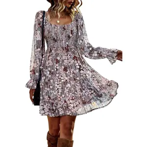 Womens Long Sleeve Dress Vacation Square Neck Smocked Floral Swiss Dot Mini Boho Fall Wedding Guest Dresses 2025