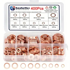 400pcs M5 M6 M8 - M14 Premium Copper Metric Sealing Crush Washers Assortment Kit, Upgraded Flat Ring Oil Drain Plug Crush Washer Gasket Seal Assortment Set, Copper Seal Washers for Automotive, Motorcycles, Sump Plugs, Fuel & Hydraulic Fittings Etc