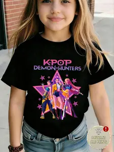 Single Piece Kpop Demon Hunter Print Round Neck T-Shirt, Summer Clothing, Movie T-Shirt for Girls Boys, Short Sleeve Top
