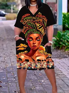 【Plus Size】 Cartoon Figure Print V Neck Tee Dress, Boho Casual Bohemian, Casual Short Sleeve Dress, Women's Plus Size Summer Clothing for Daily Wear, Streetwear
