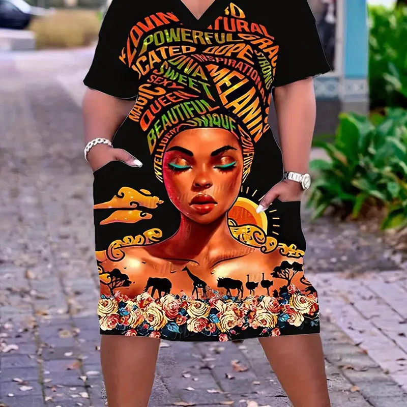Plus Size Cartoon Figure Print V-Neck T-Shirt Dress, Casual Comfy Boho Short-Sleeve Summer Dress for Daily Wear, Streetwear and Casual Wear Clothing