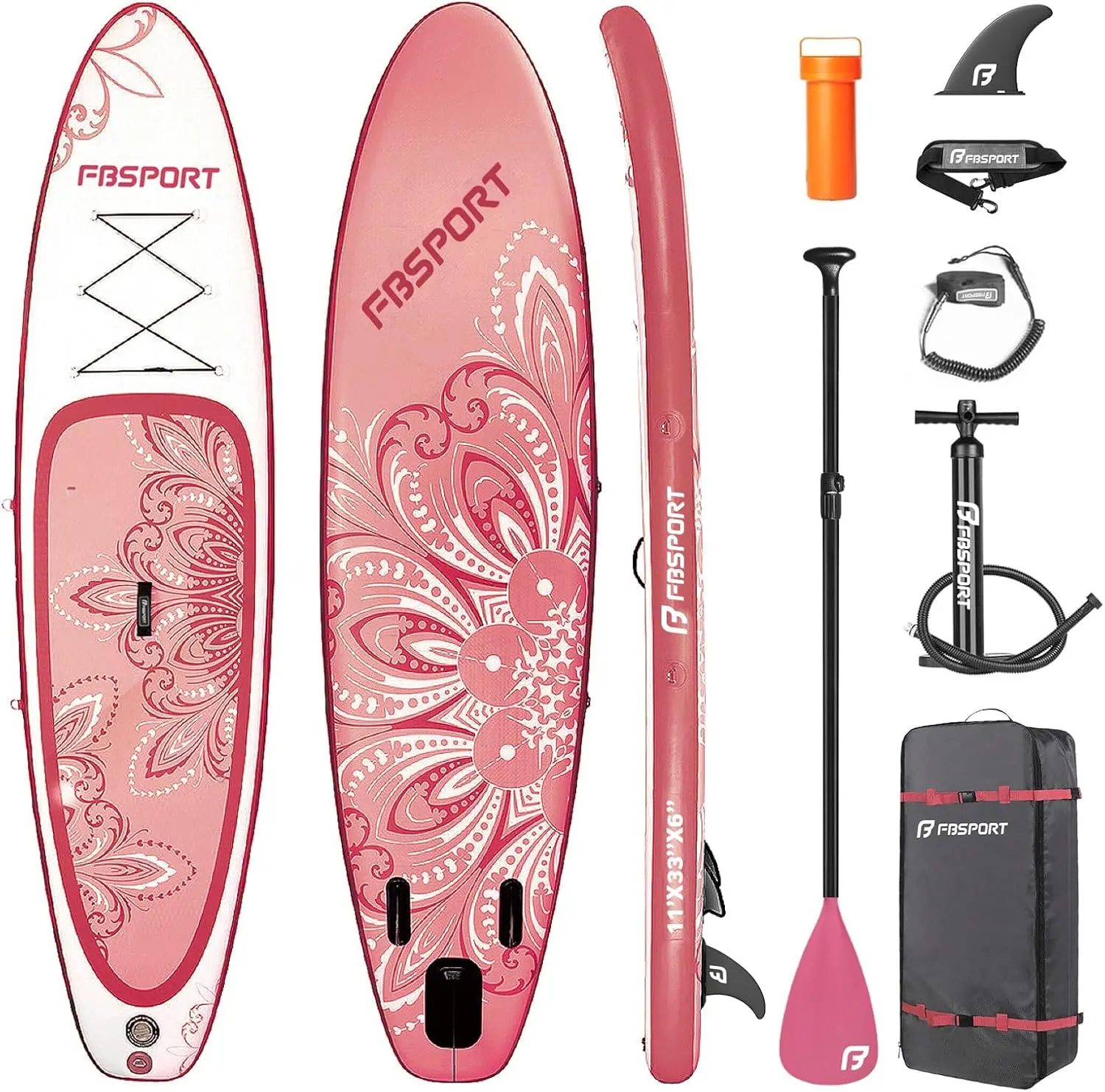 FBSPORT 11' Pink Blow Up Paddle Board for Women, Lightweight Inflatable SUP with Non-Slip EVA Deck, 350lbs Capacity for Yoga & Fishing, Complete Kit, Inflatable Paddleboard
