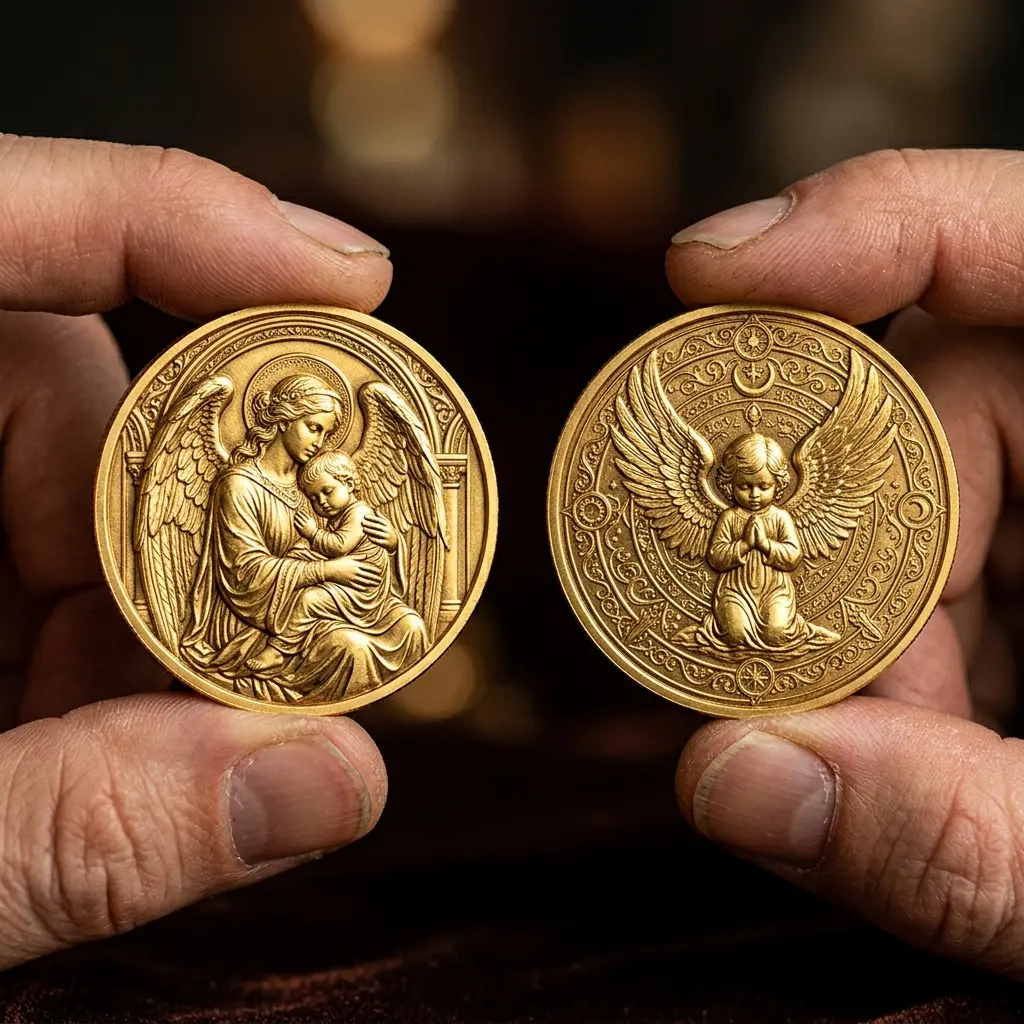 Double-Sided Archangel & Guardian Angel Challenge Coin, 3D Engraved Christian Metal Coin, Heavenly Protection Collectible, Religious Commemorative Keepsake, Faith Gift for Men Women
