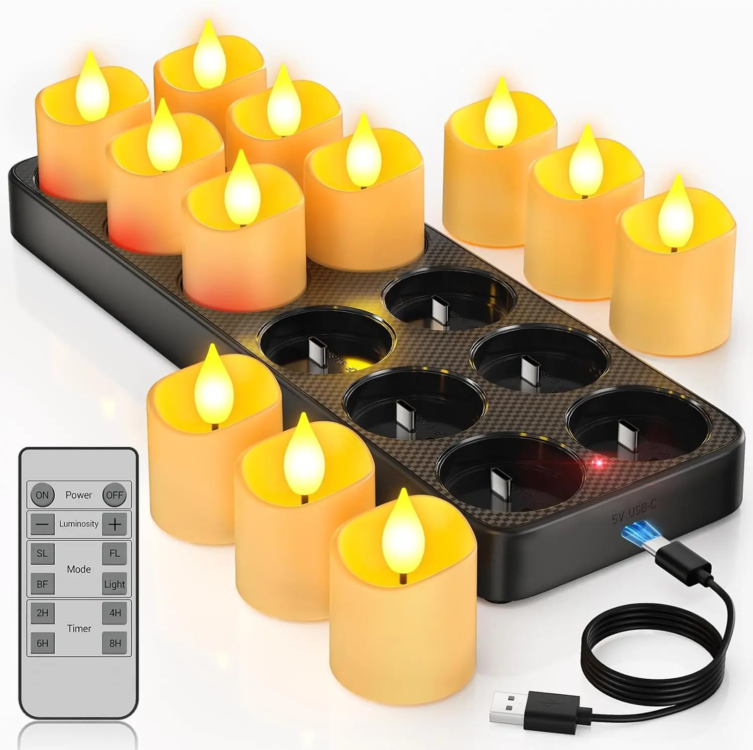 Rechargeable Tea Lights Candles with Remote & USB-C Charging Base Flameless Candles with Timer, LED Votive Tealights Battery Operated, Lantern Halloween Christmas Table Home Decor, 12PCS