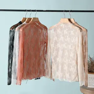Autumn and winter lace bottoming shirt women's long-sleeved semi-turtleneck inner hollow chiffon foreign sexy mesh top High neck with hollowed out chiffon and sexy mesh top