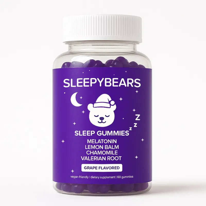 CBB SleepyBears Chewable Sleep Dietary Gummies by C.B.B. LLC - Melatonin, Lemon Balm, Chamomile, Valerian Root, Grape Flavor, 60 Pieces, 1-Month Supply Bottle, All Ages Healthcare Calming Supplements