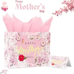 Mother’s Day Gift Bag Set 13” Floral Gold Foil with Card & Tissue, Happy Mother’s Day Gift Bag for Mom Grandma Nana, Premium Gift Wrap Supplies