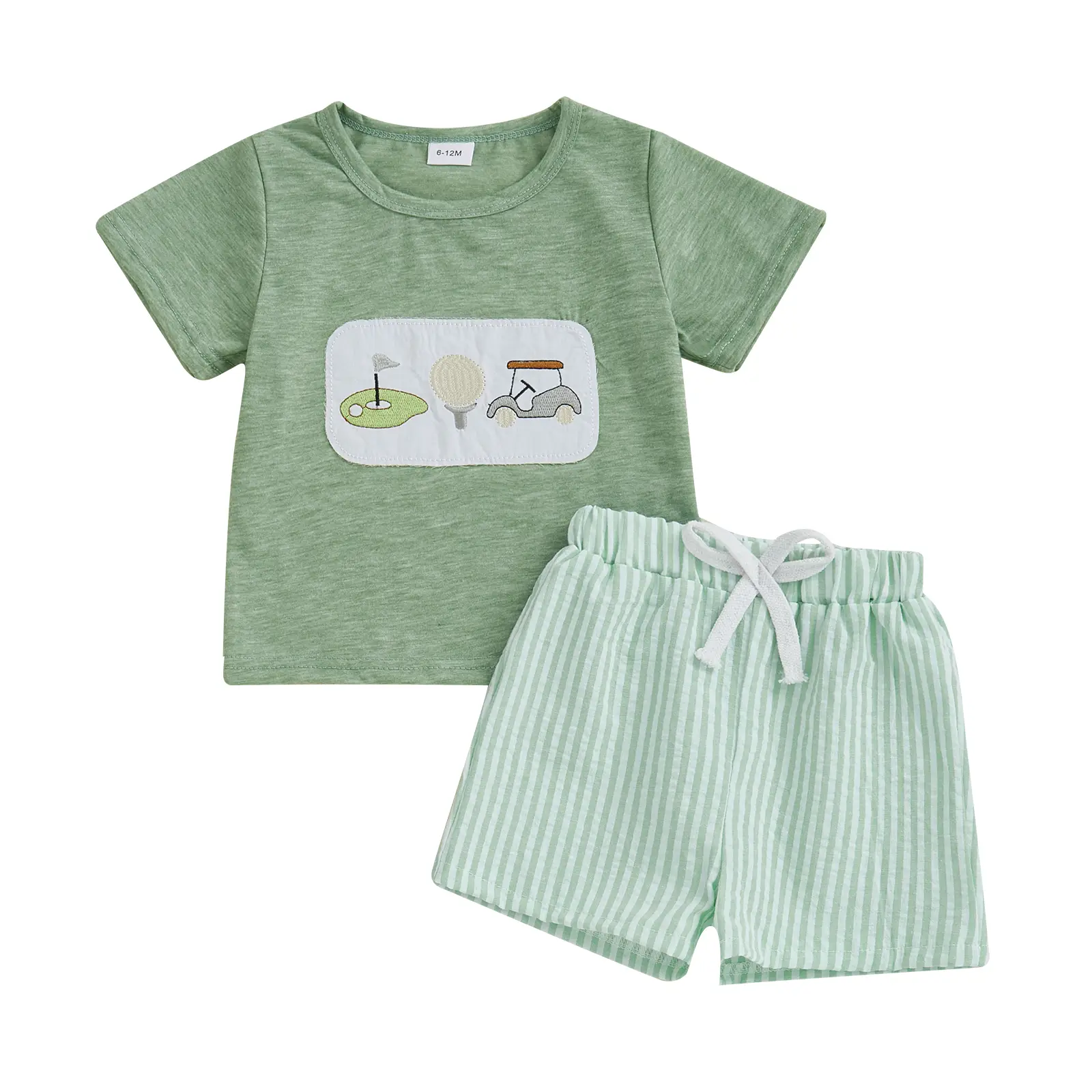 Toddler Baby Mamas Boy Outfit Short Sleeve Dinosaur Golf Car Mallard Duck Embroidered T Shirt Tops Elastic Waist Striped Plaid Shorts Summer Tracksuit