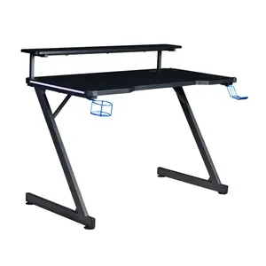 AON Series 48" LED Gaming Desk with Riser Shelf, Cable Management Grommet, Cup Holder & Headphone Hook – Carbon Fiber Black
