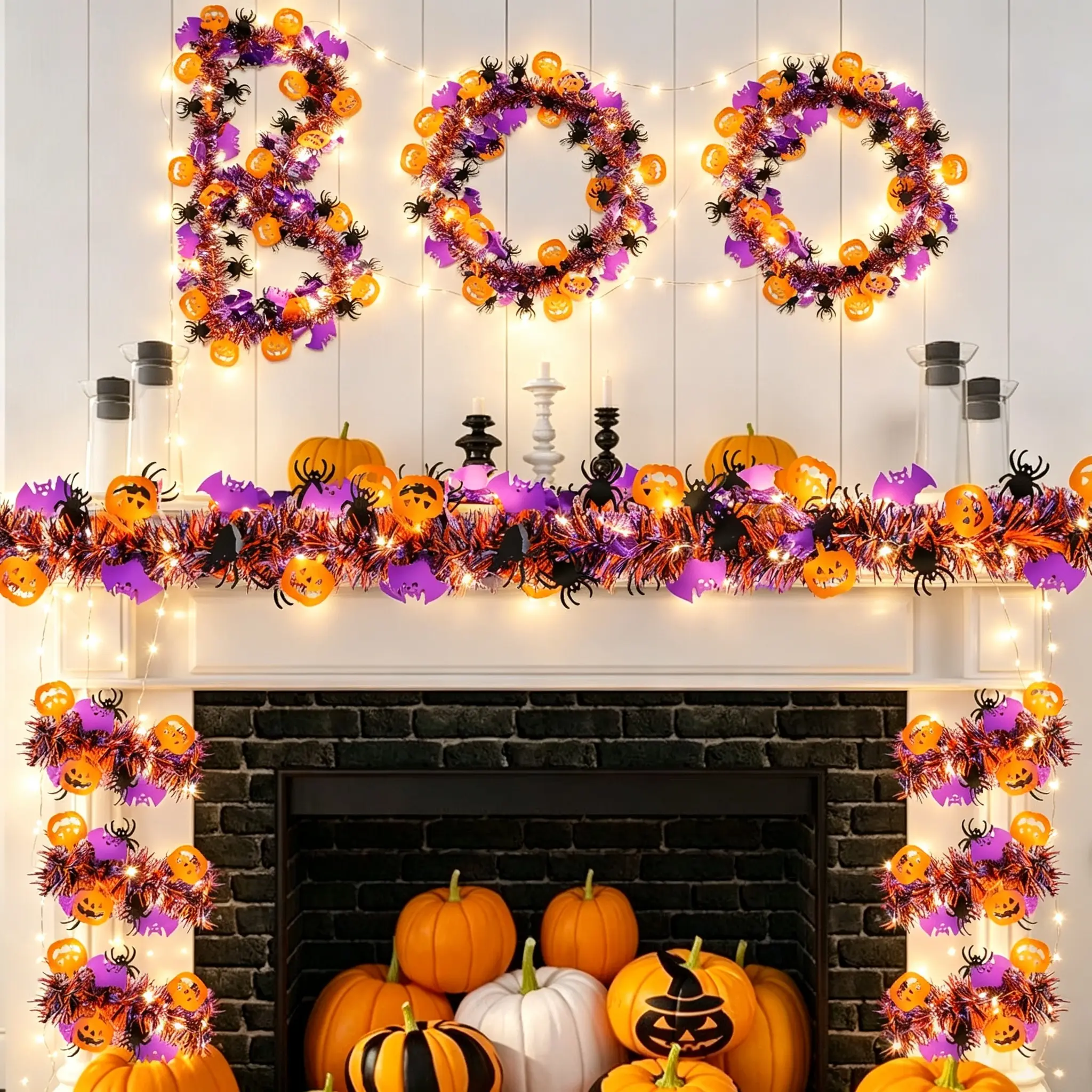 Spooky Halloween Garland Decoration Kit - 2 x 6.56FT Tinsel Garlands, 13.12FT Warm White LED String Lights, Pumpkin Spider Ornaments for Front Door, Fireplace Party Hanging Home Decor
