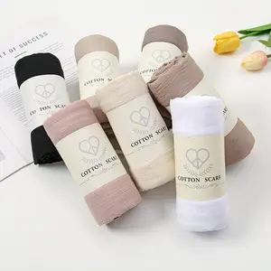 Crumpled Cotton Blended Long Hijab Polyester Headscarves Solid Color Scarves