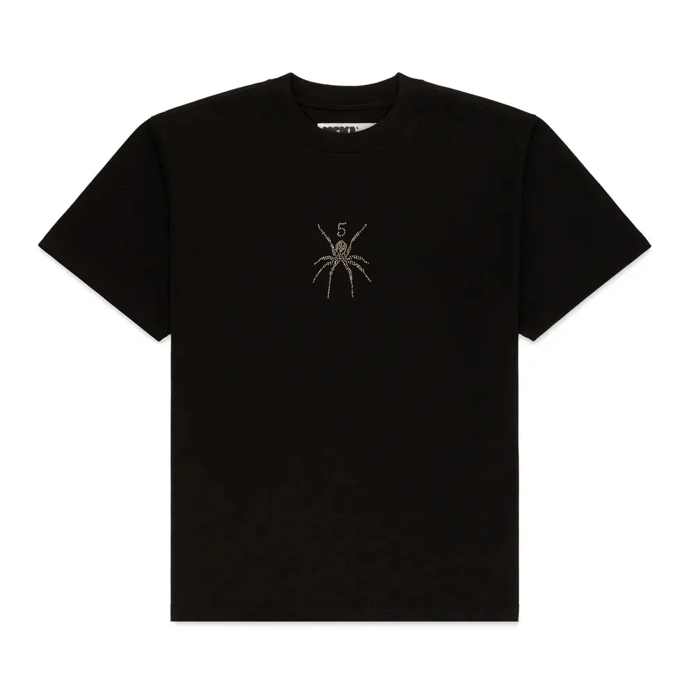 Sp5der Authentic Men's Short-Sleeve Round Neck Casual Tshirt - Menswear Top, Unisex Streetwear, Black with Rhinestones Spider Web Design, 100% Authenticity Guaranteed
