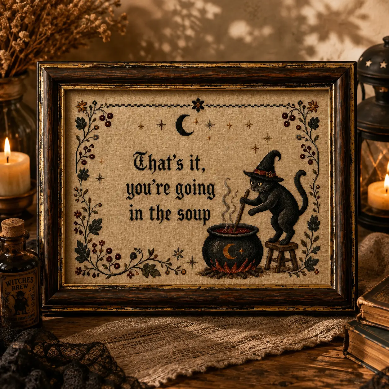 [Unframed Poster] That's It You're Going in the Soup Wall Art Funny Black Cat Witch Cross Stitch Look Printed Gothic Cottagecore Decor