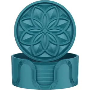 Coasters Set with Holder - 6 Pack Drink Coasters for Coffee Table, Bar, Desk - Tabletop Protection  - Blue