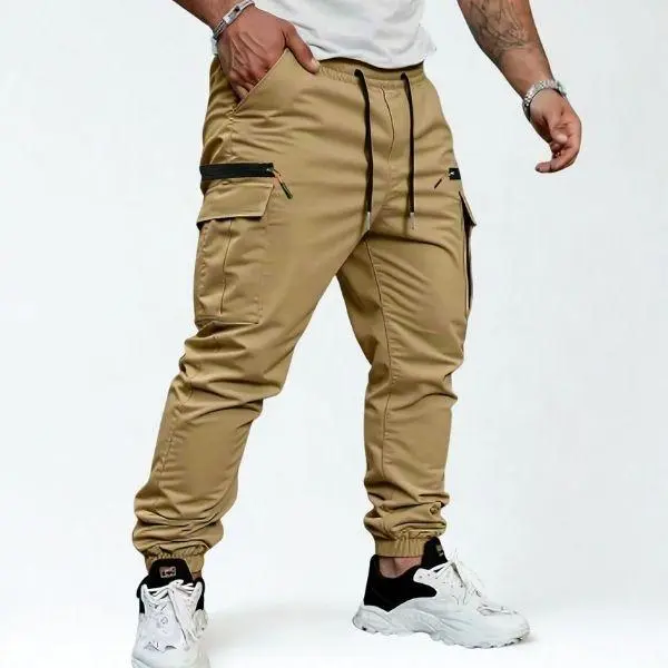 Men’s elastic-waist cargo pants with cuffs, long pants with multiple zippered pockets, lightweight outdoor hiking casual pants