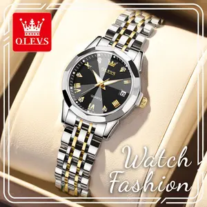 OLEVS 9931 New Luxury Two-Tone Stainless Steel Women's Quartz Watch, 27mm Small Black Dial Crystal Roman Index, Date Luminous Waterproof Elegant Business Ladies Wristwatch, Premium Gift for Her