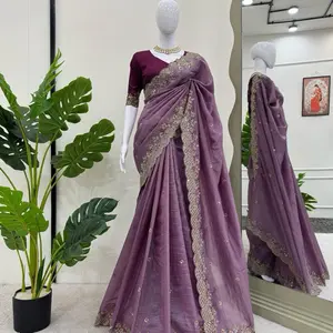 Gorgess Purple Saree with Ready Made Blouse Free Size Elegant Design Women's Fashion